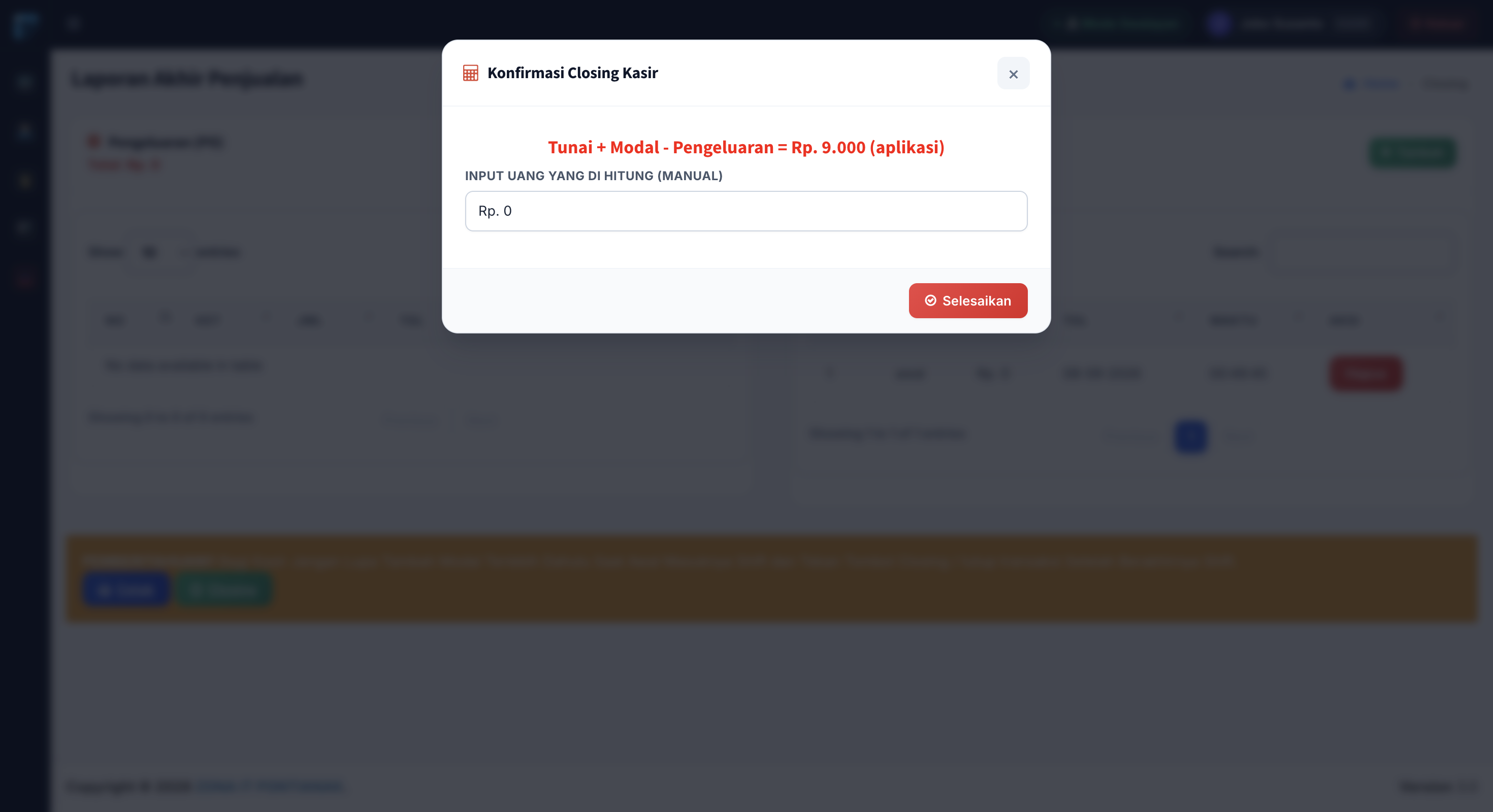 Input Fisik Uang Kasir Closing