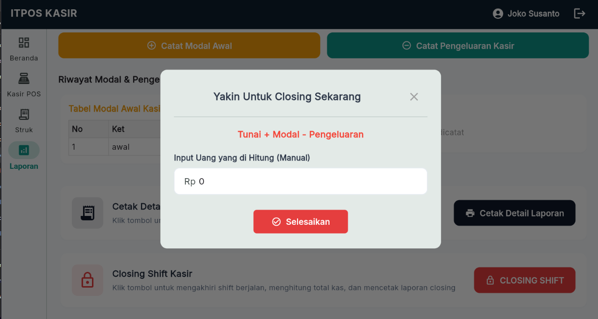 10. Konfirmasi Closing Shift