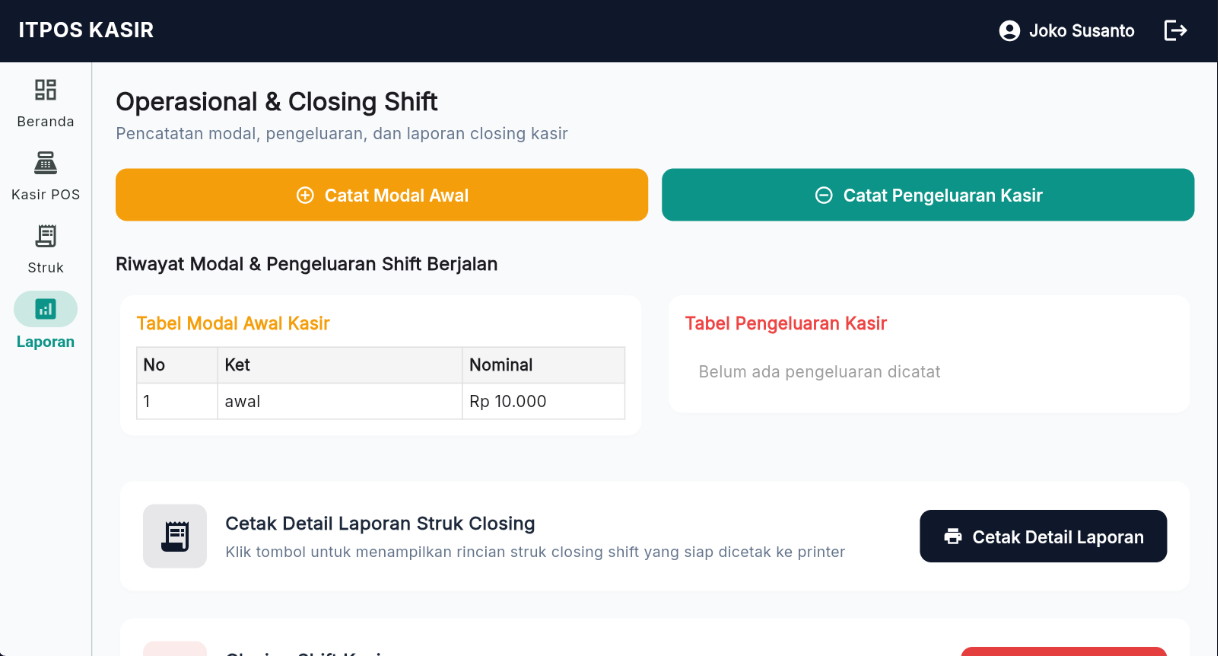9. Menu Operasional & Closing Shift