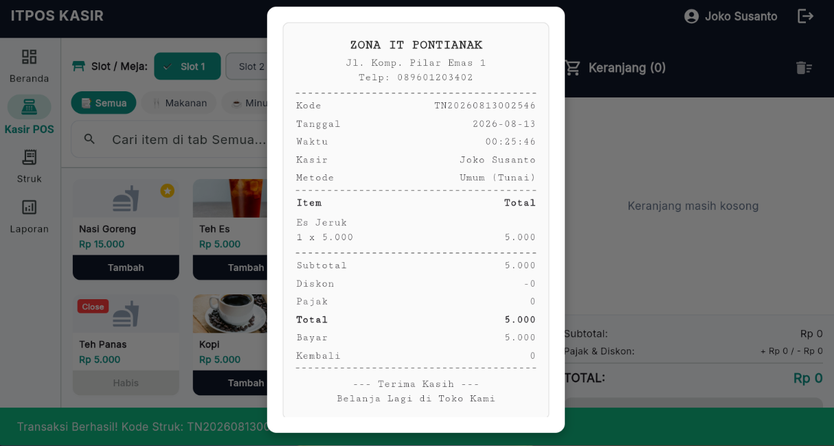 7. Tampilan Cetak Struk Transaksi