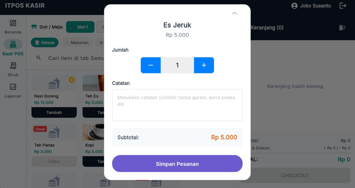 4. Popup Detail & Modifikasi Pesanan